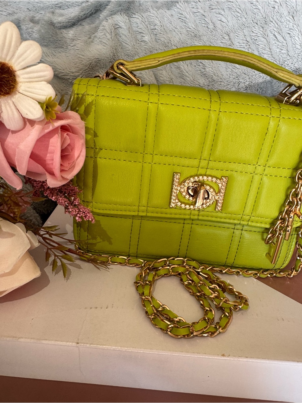 Lime Green Quilted Top-Handle Crossbody Bag